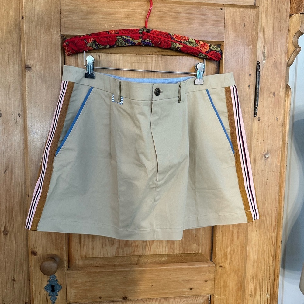 Maeve Anthropologie Khaki Tan Mini Skirt W/Ribbon Striped Sides. Sz XL NWT